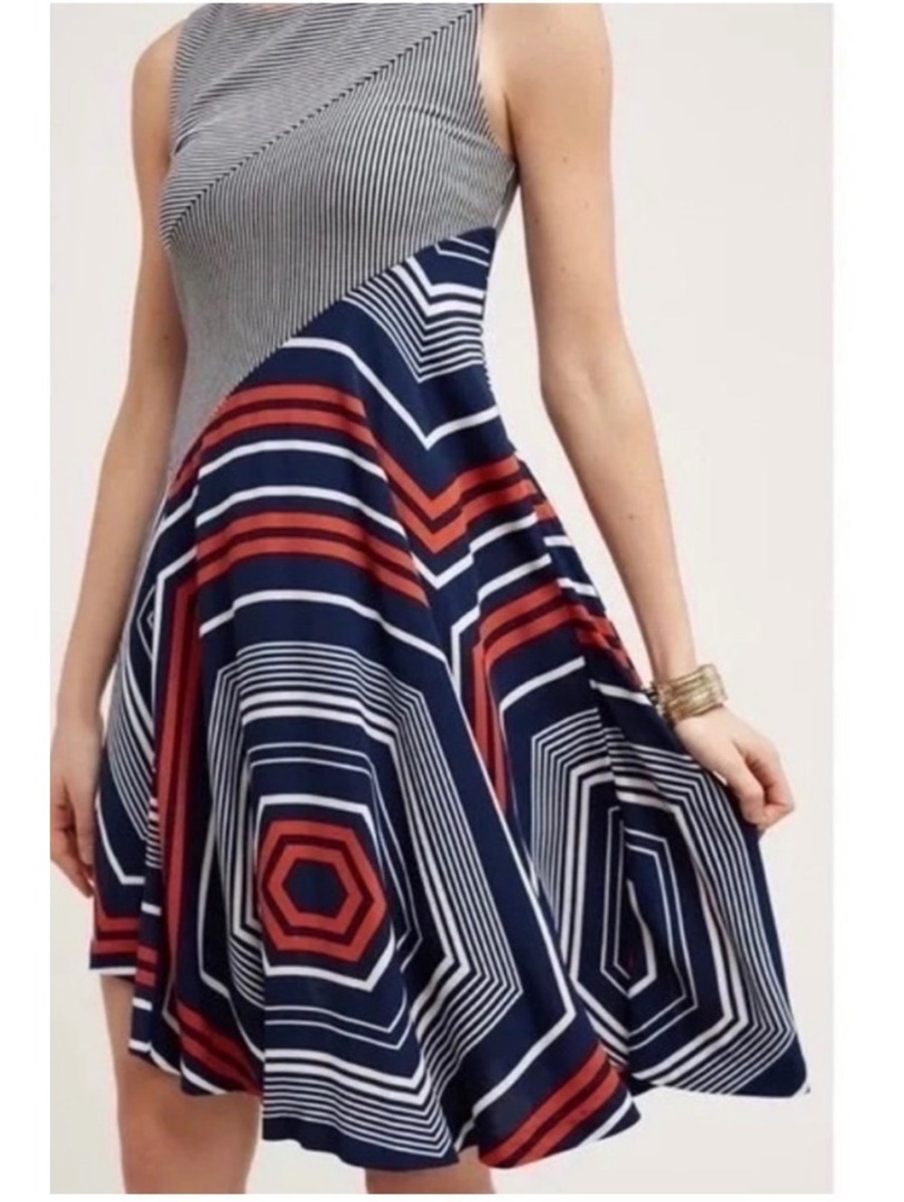 Anthropologie Maeve Cameron Dress Asymmetrical Geometric Flare Stretch Knee Sz S